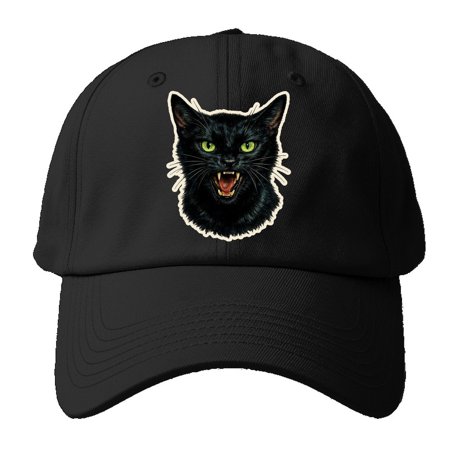 Hissing Green Eyed Black Cat Baseball Cap – Black