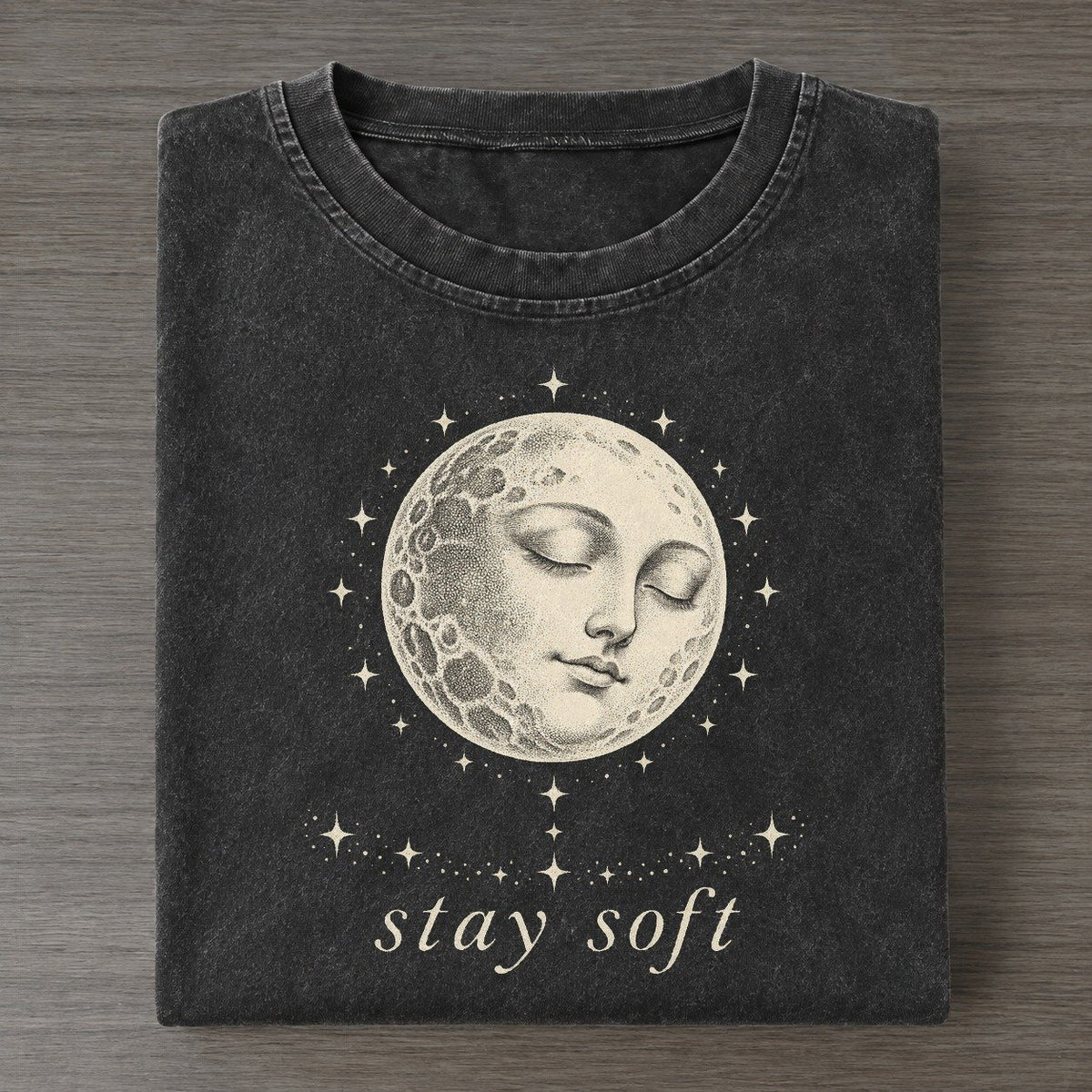 Moon Face Midnight Linework Vintage T-shirt – Black