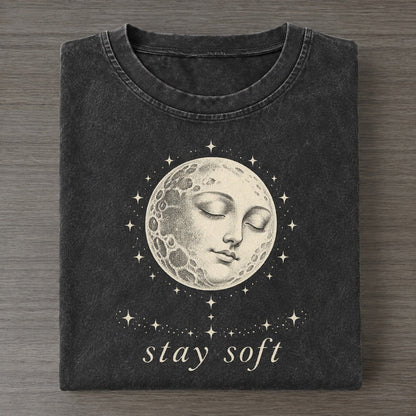 Moon Face Midnight Linework Vintage T-shirt – Black
