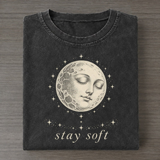 Moon Face Midnight Linework Vintage T-shirt – Black
