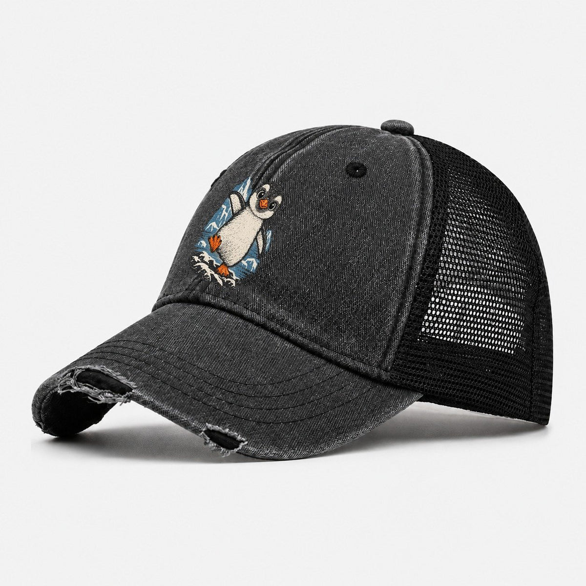 Baby Penguin on Iceberg Washed Trucker Hat – Black