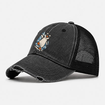 Baby Penguin on Iceberg Washed Trucker Hat – Black