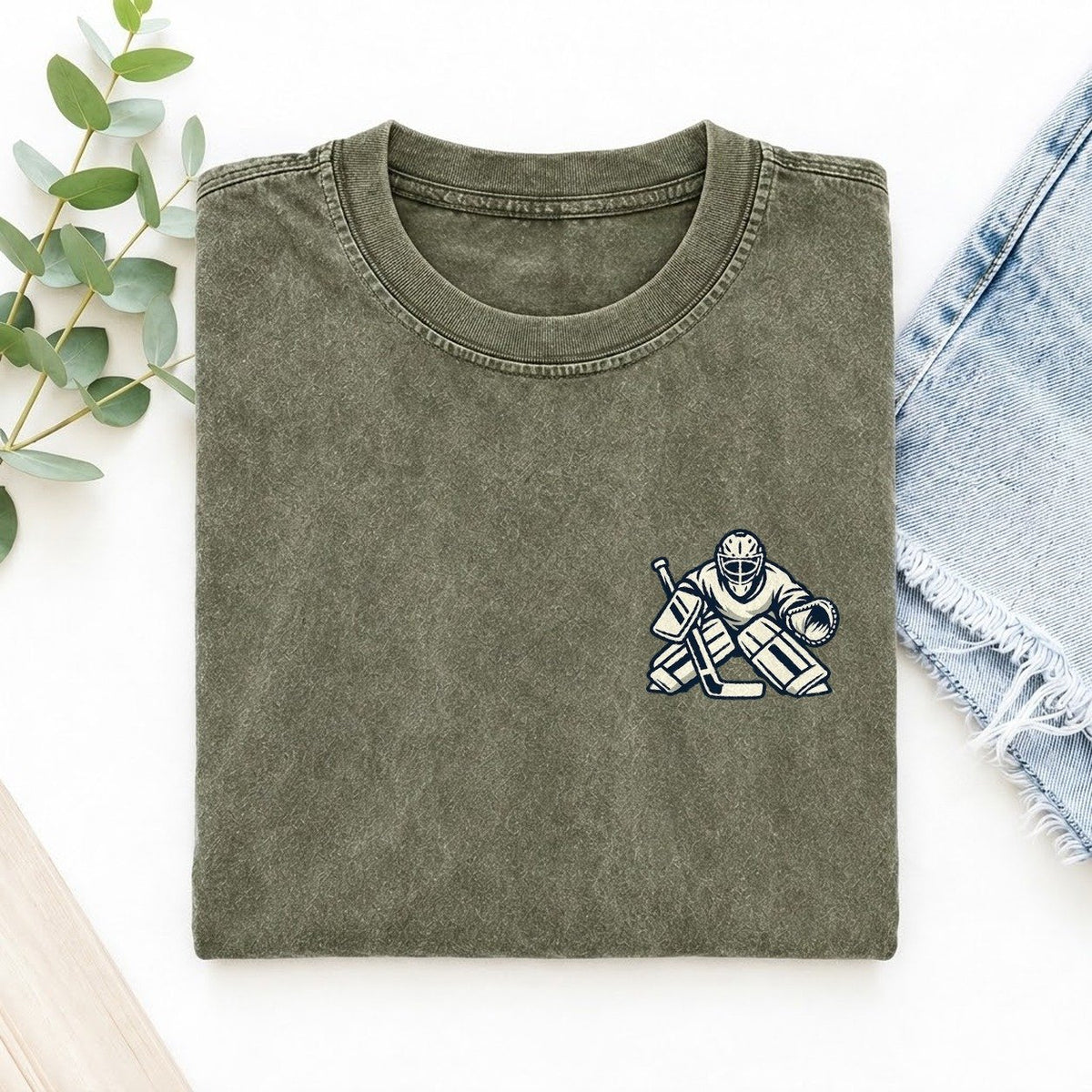 Hockey Goalie Left Chest Vintage T-shirt – Army Green