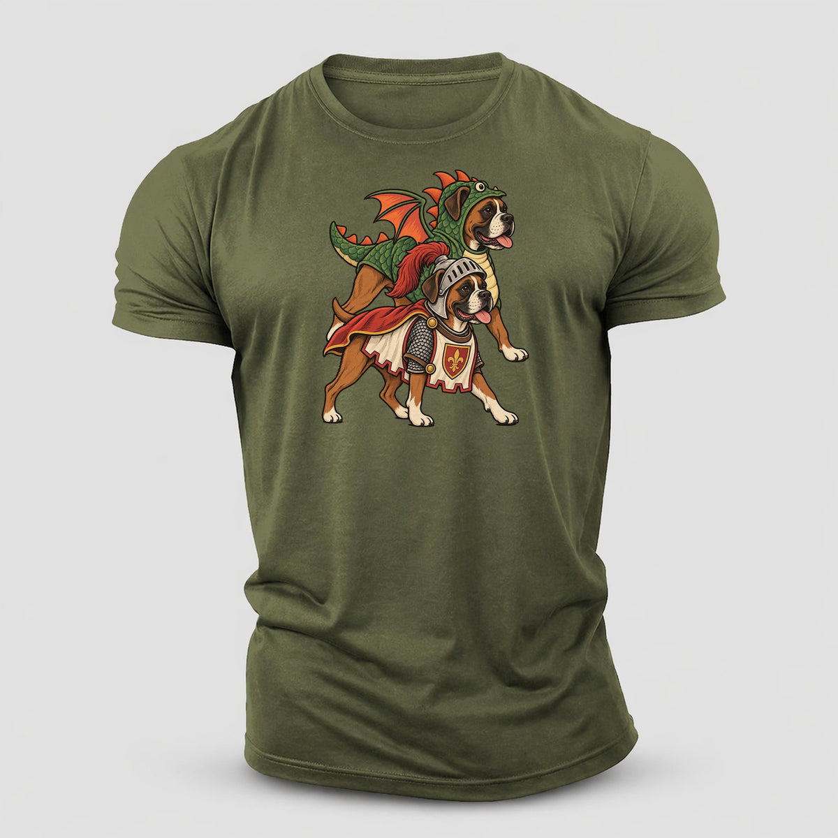 2 Boxers In Halloween Costumes Hdp 32 Parade Lineup Halloween Dog Parade Cotton T-Shirt – Army Green