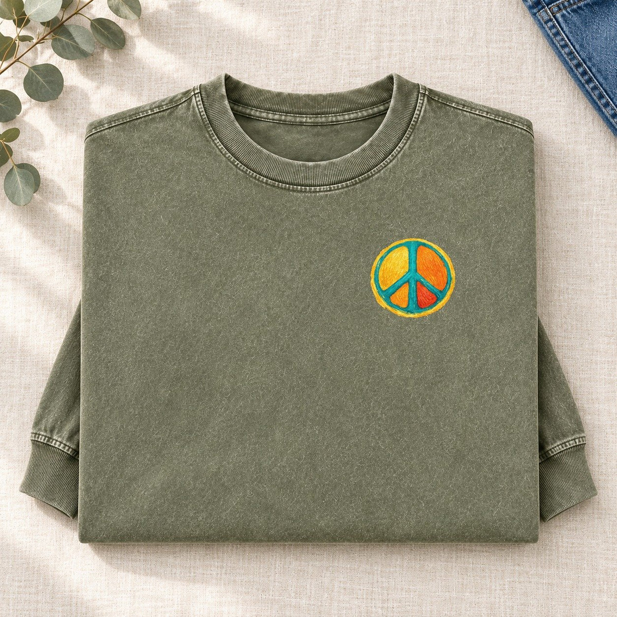Golden Peace Left Chest Washed Long Sleeve T-Shirt – Army Green
