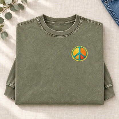 Golden Peace Left Chest Washed Long Sleeve T-Shirt – Army Green