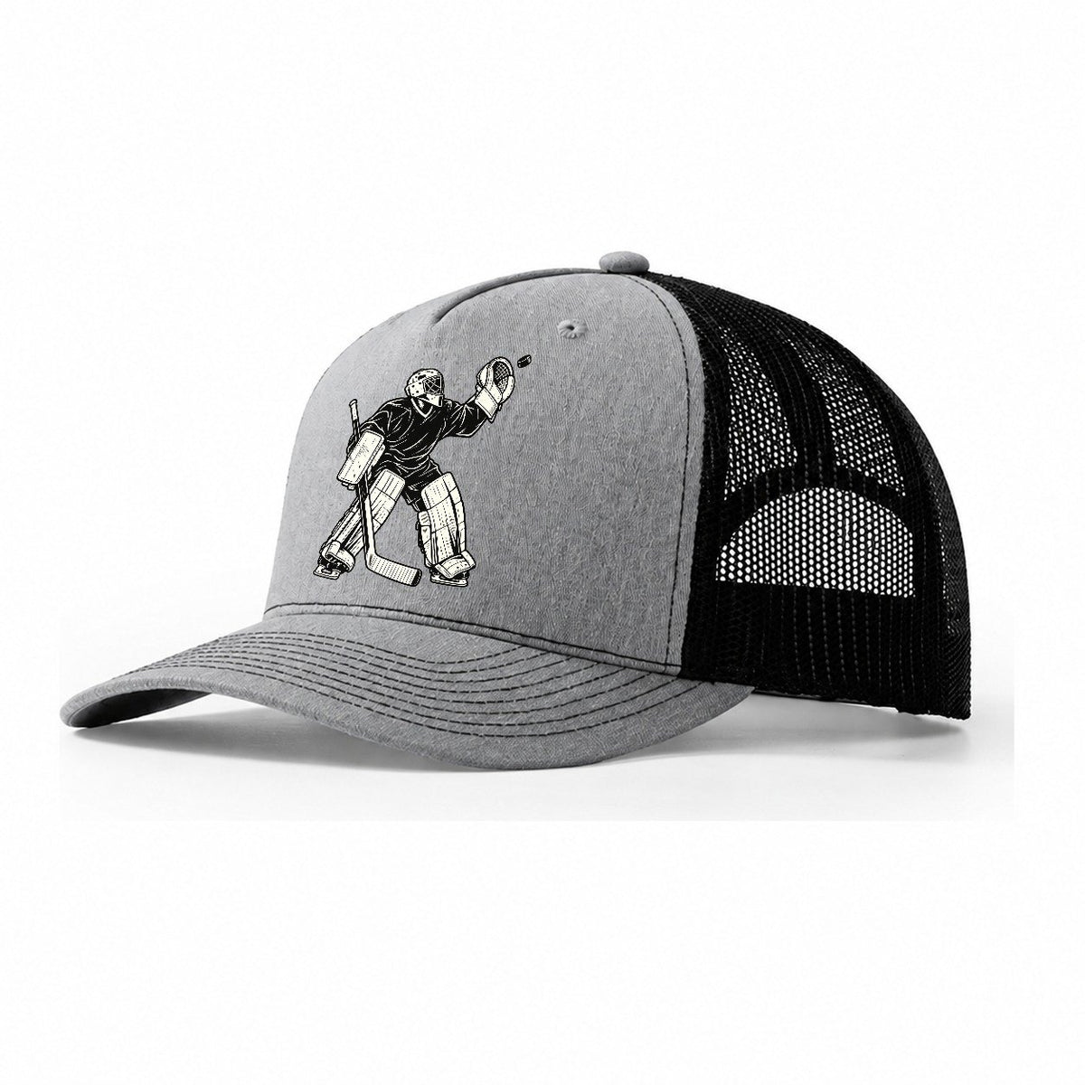 Hockey Goalie High Glove Save Global Sports Ink Figures Trucker Hat – Sport Grey Black