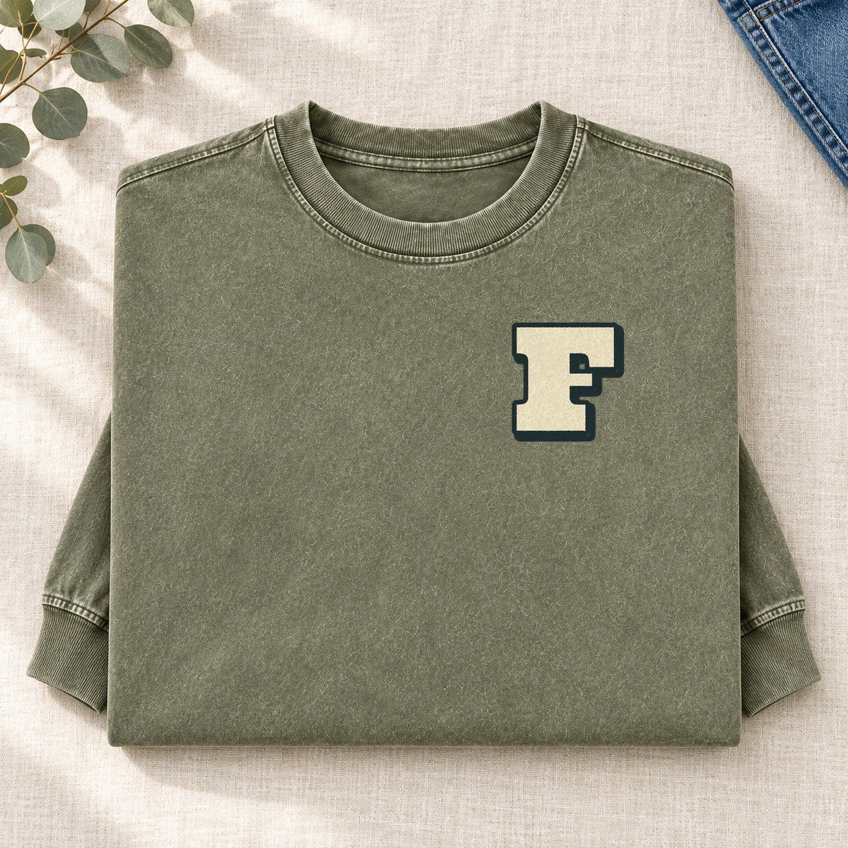 Initial F Left Chest Washed Long Sleeve T-Shirt – Army Green