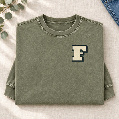 Initial F Left Chest Washed Long Sleeve T-Shirt – Army Green