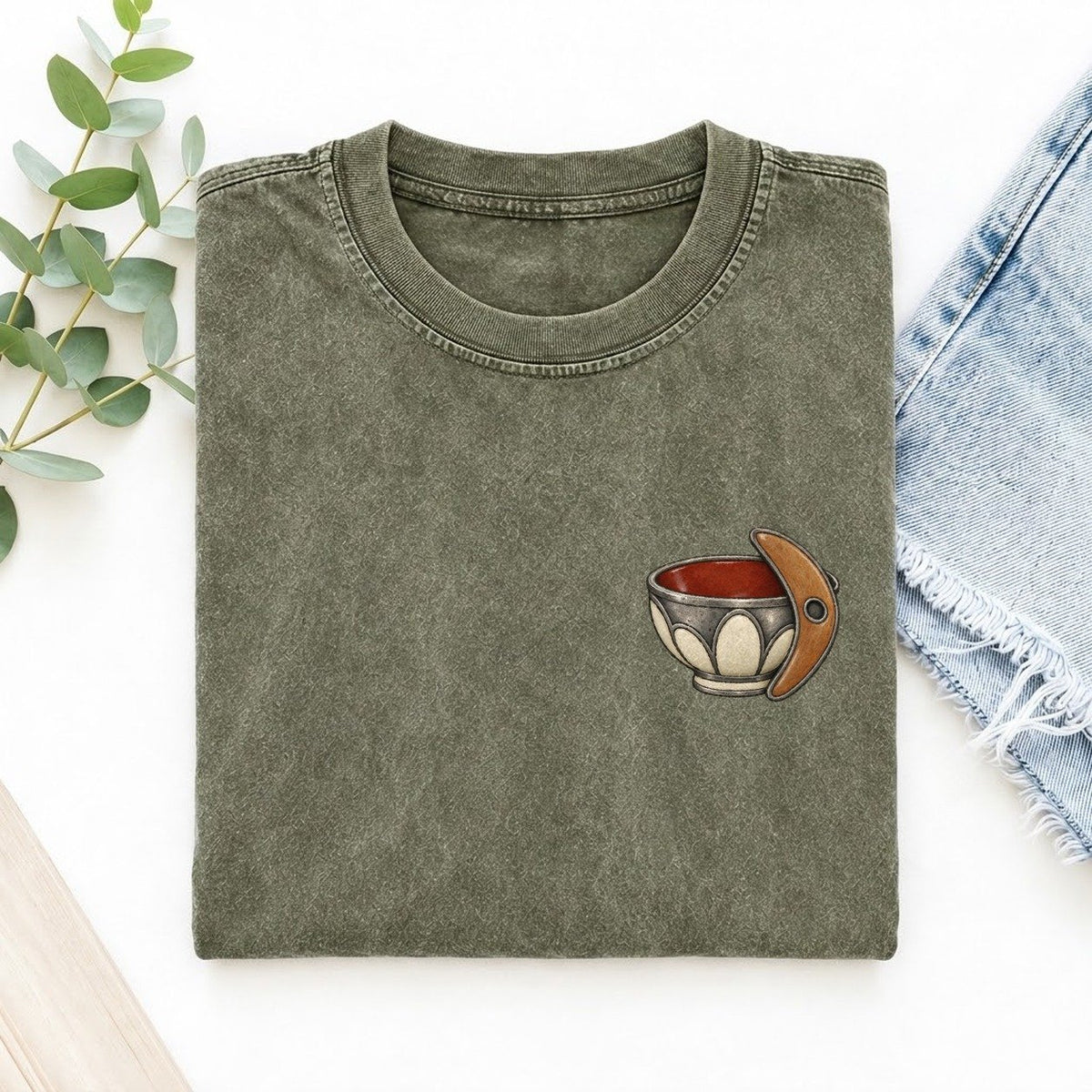 Potter Rib And Bowl Keepsake Emblem Left Chest Vintage T-shirt – Army Green