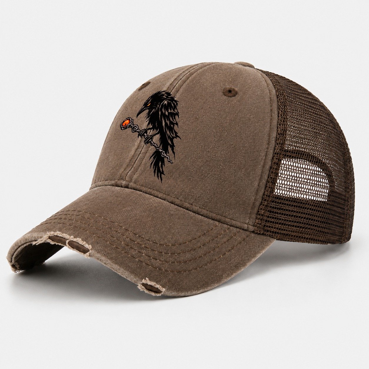 Raven Perched On A Wand Witch Magic Washed Trucker Hat – Coffee