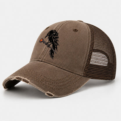 Raven Perched On A Wand Witch Magic Washed Trucker Hat – Coffee