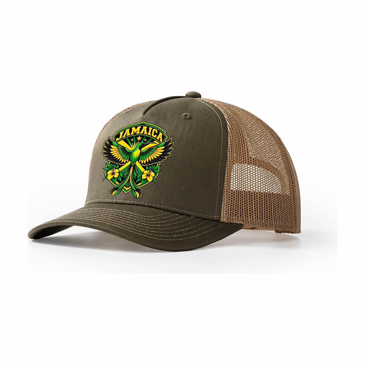 Jamaica Retro Badge Country Logos Trucker Hat – Olive Khaki