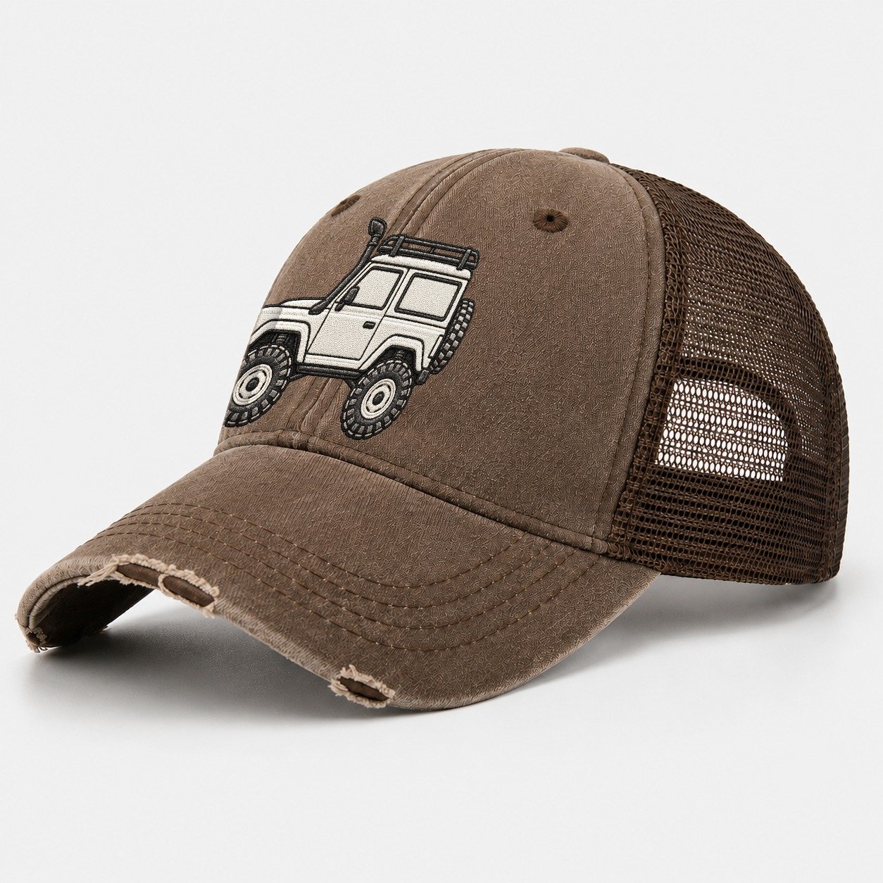 Boxy Trail Wagon Side Profile Off Roading And Overlanding Washed Trucker Hat – Coffee