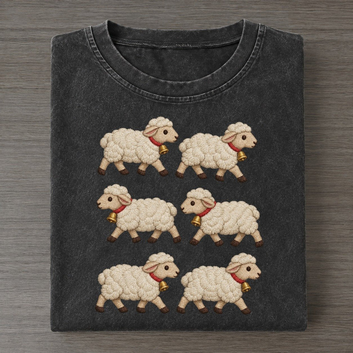 Sheep With Bells Single File Vintage T-shirt – Black