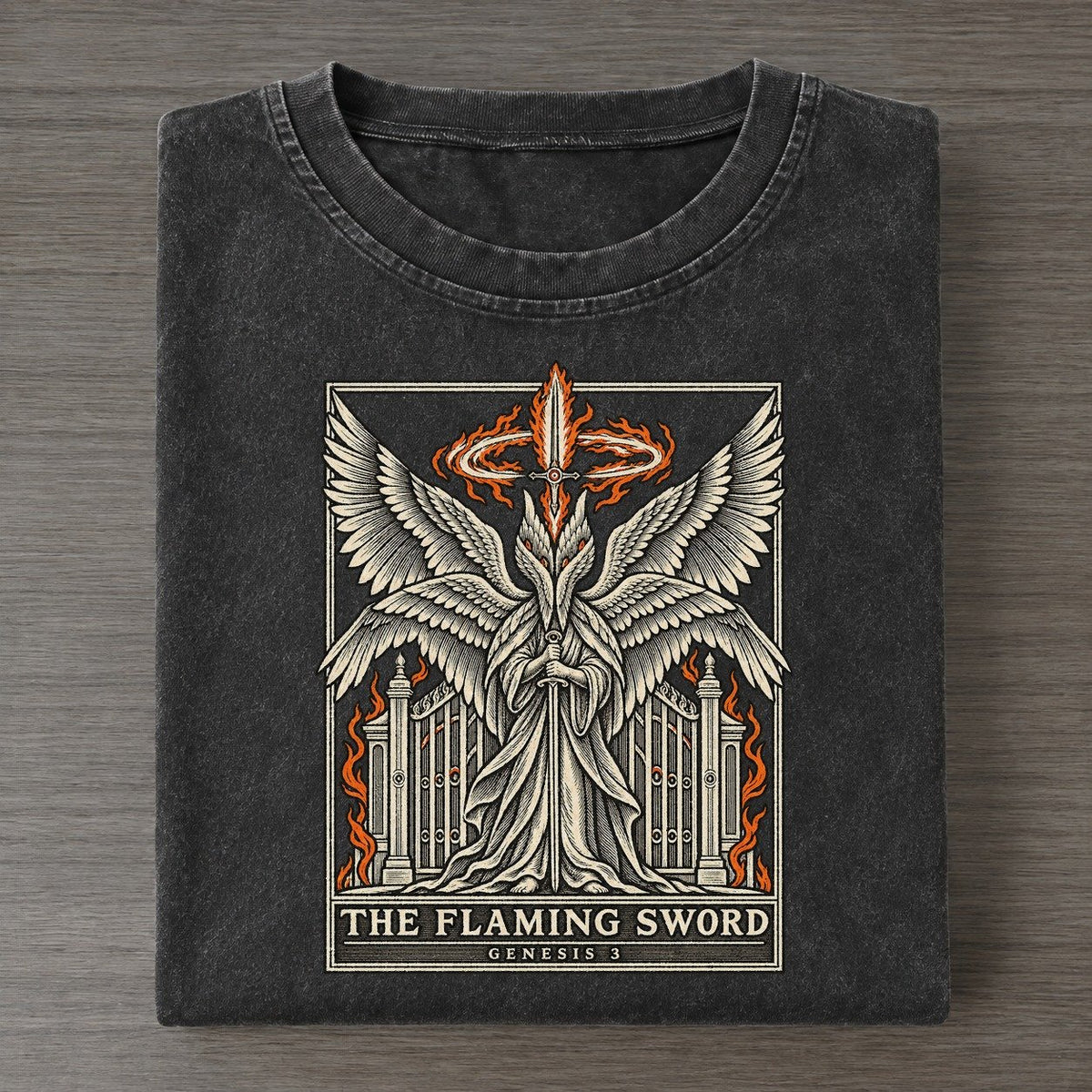 The Flaming Sword Sixfold Wings Vintage T-shirt – Black