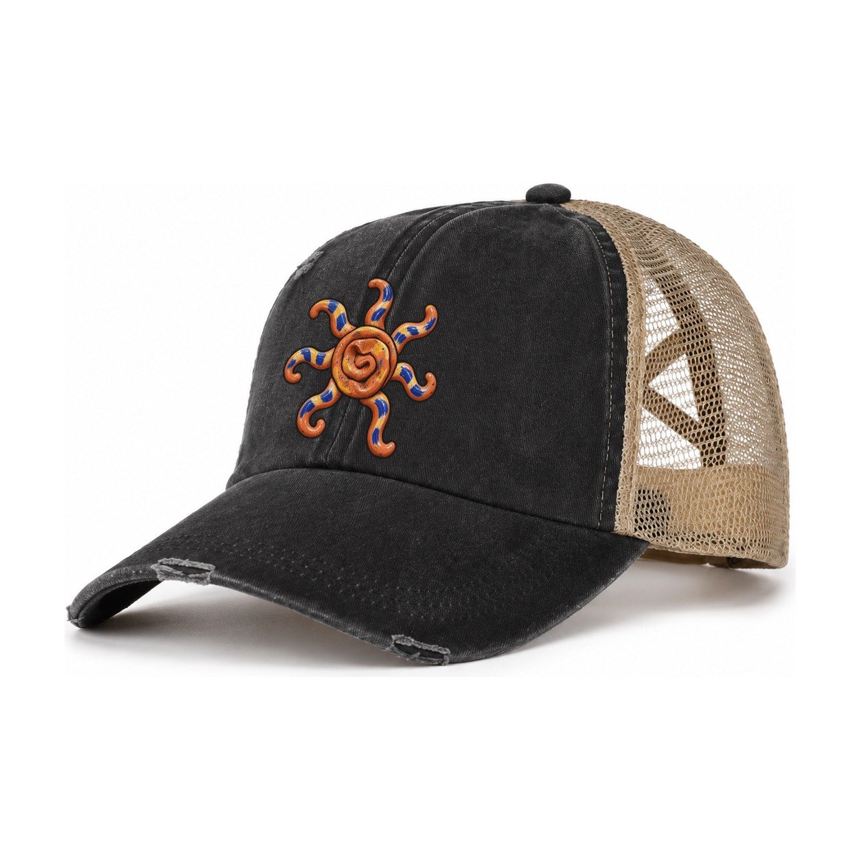 Clay Coil Sun Clay Color Makers Women's Ponytail Trucker Hat – Washed Black Khaki