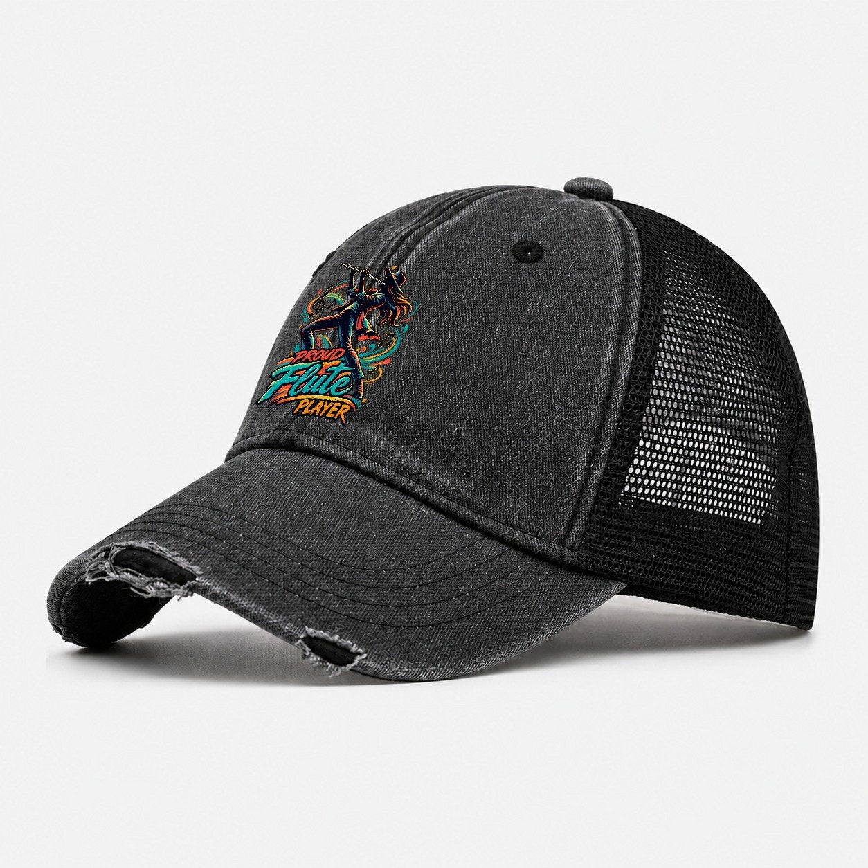 Proud Flute Player Music Instruments Washed Trucker Hat – Black
