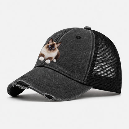 Birman Reclining Paws Forward Realistic Cat Portrait Washed Trucker Hat – Black