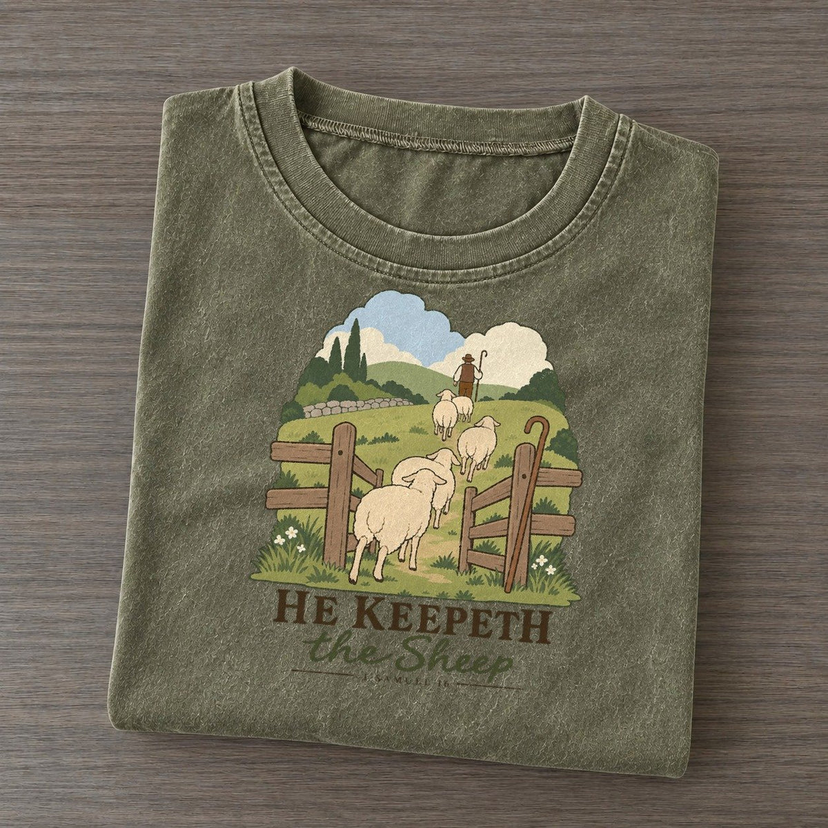 He Keepeth The Sheep The Counting Gate Vintage T-shirt – Army Green