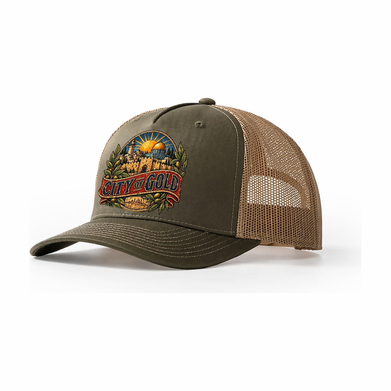 City Of Gold Lettering Jerusalem Trucker Hat – Olive Khaki