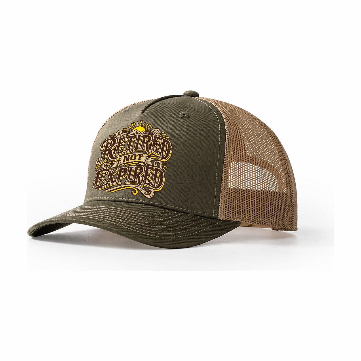 Retired Not Expired Retired Living Trucker Hat – Olive Khaki