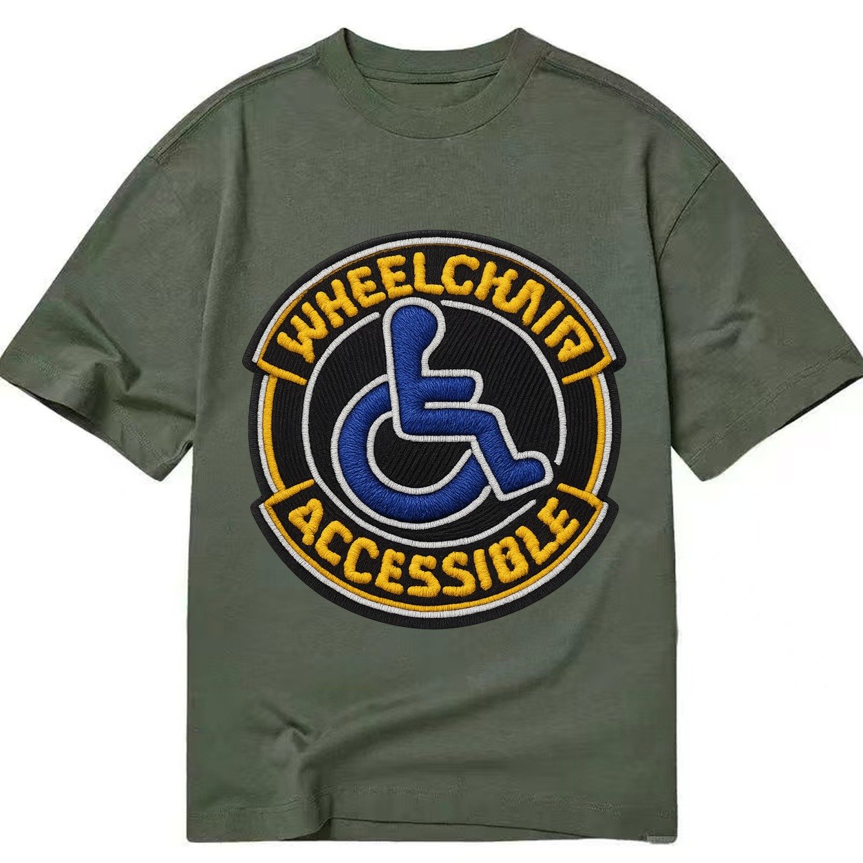 Embroidered Patch Design Wheelchair Accessible Accessibility Classic T-shirt – Army Green