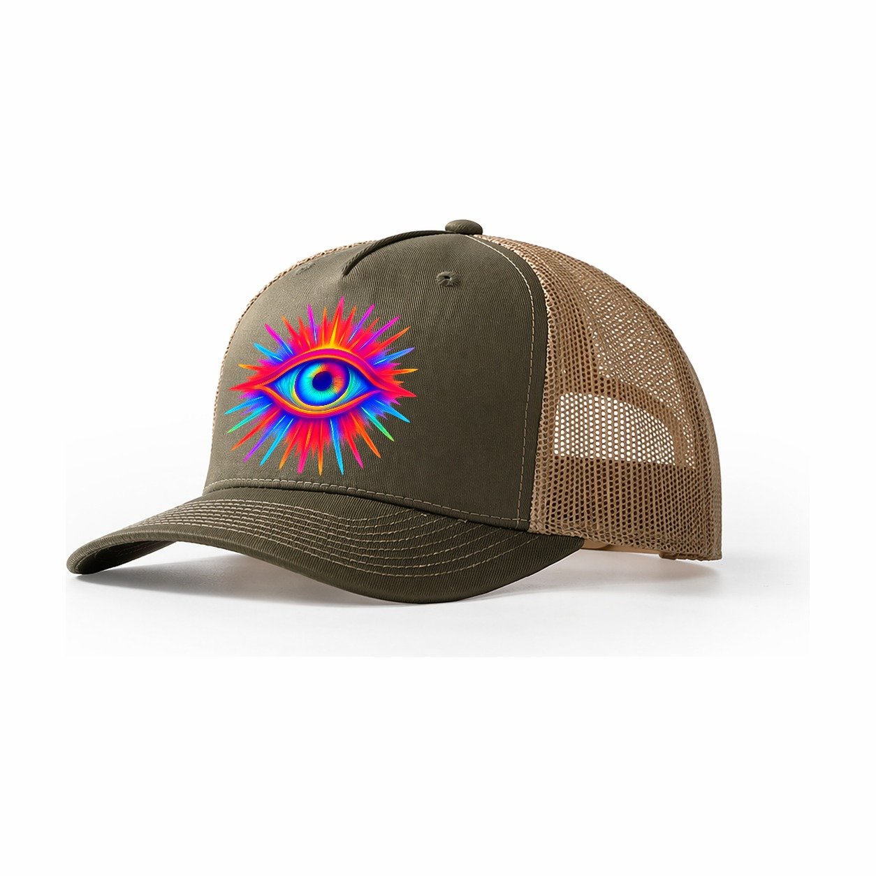 Rainbow Third Eye Prismatic Eye Radiating Spectrum Colors Re Trucker Hat – Olive-Khaki