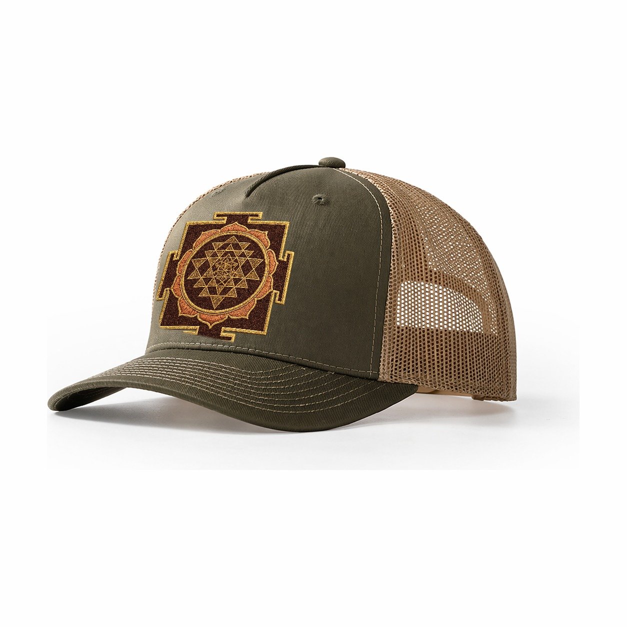 Sri Yantra Hindu Geometry Red And Gold Thread Divine Feminin Trucker Hat – Olive-Khaki