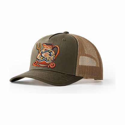 British Slipware Jug Kiln Fork And Clay Swirls Uk Culture Heritage Trucker Hat – Olive Khaki