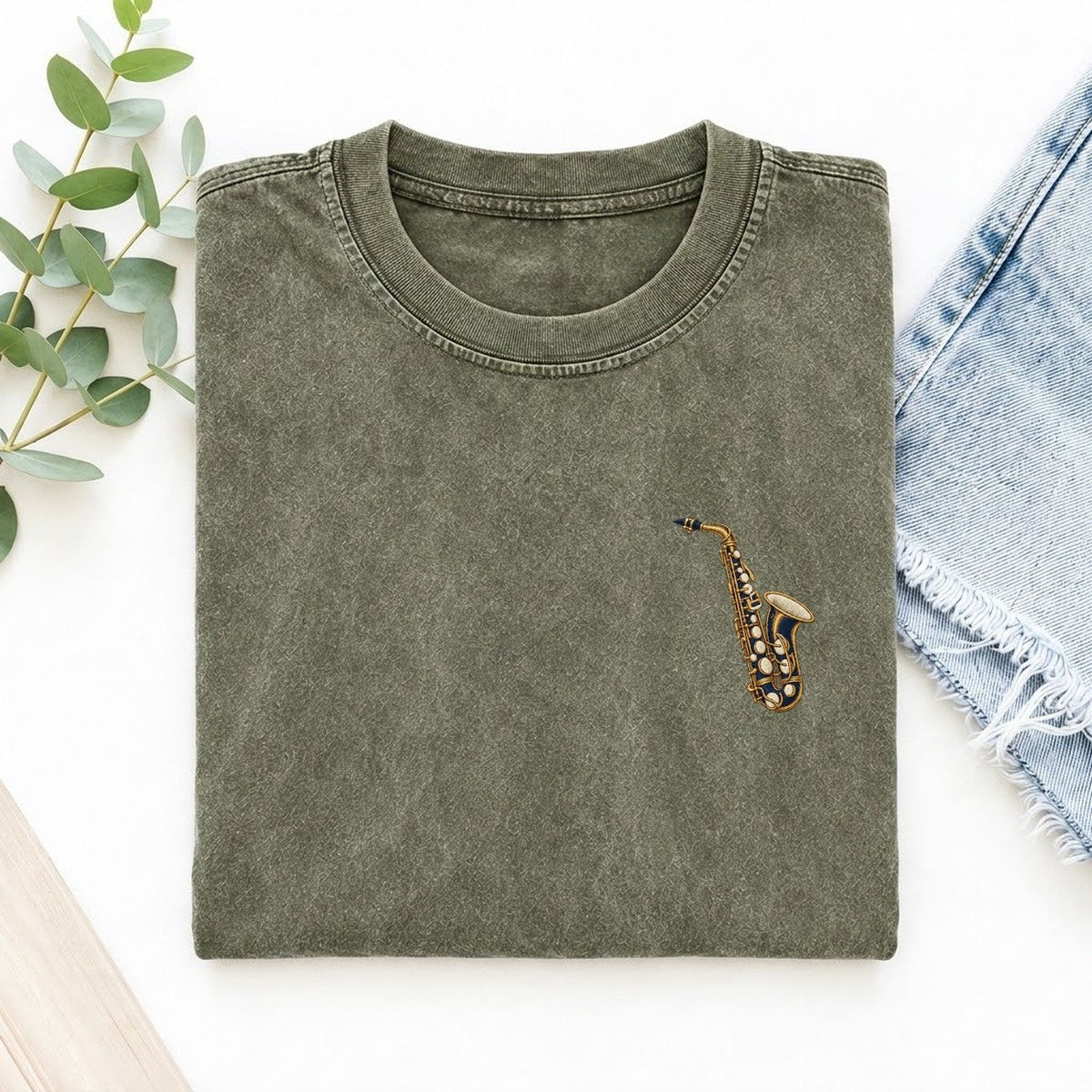 Saxophone Symbol Emblems Left Chest Vintage T-shirt – Army Green