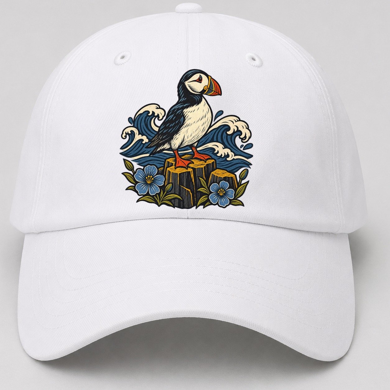Causeway Coast Puffin And Flax Flowers Uk Culture Heritage Baseball Cap – White