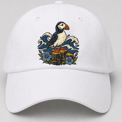 Causeway Coast Puffin And Flax Flowers Uk Culture Heritage Baseball Cap – White