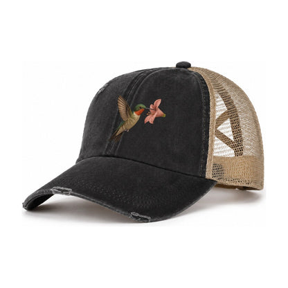 Hummingbird Haven Women's Ponytail Trucker Hat – Washed Black Khaki