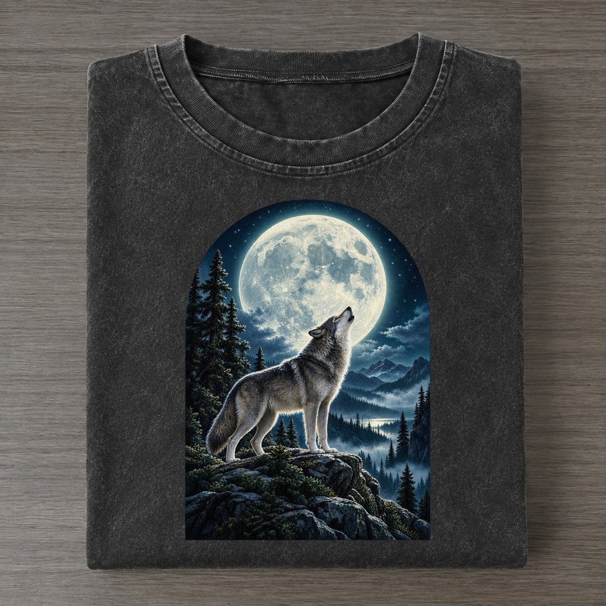Wolf On The Pine Ridge Moon Country Vintage T-shirt – Black