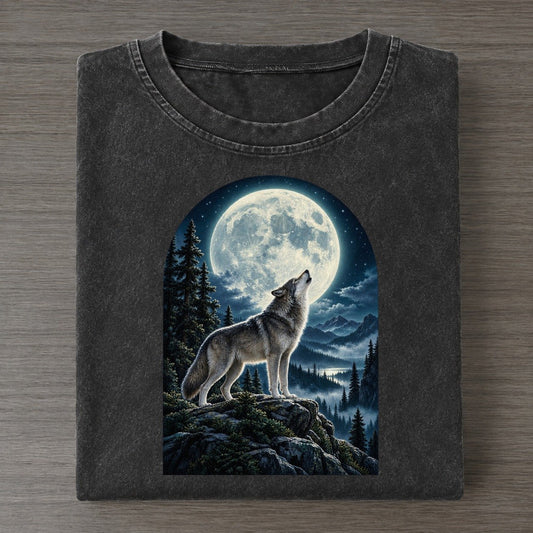 Wolf On The Pine Ridge Moon Country Vintage T-shirt – Black