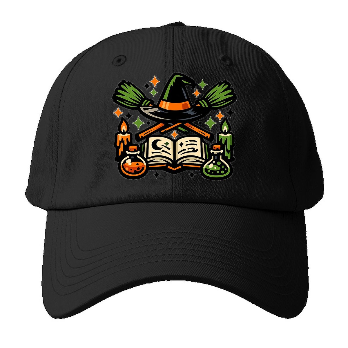 Witch Spellbook Crossed Brooms Baseball Cap – Black