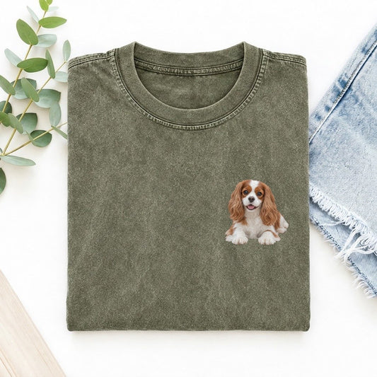 Cavalier Spaniel Lying Down Left Chest Vintage T-shirt – Army Green