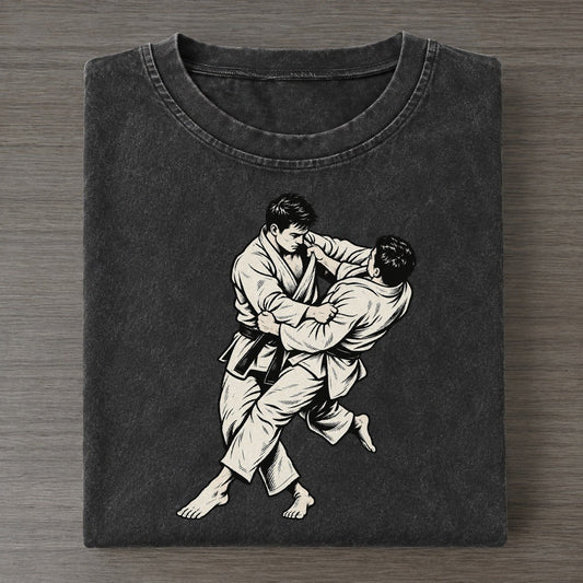 Judo Outside Leg Sweep Global Sports Ink Figures Vintage T-shirt – Black
