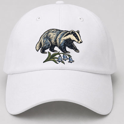 British Badger With Bluebell Sprig Uk Culture Heritage Baseball Cap – White