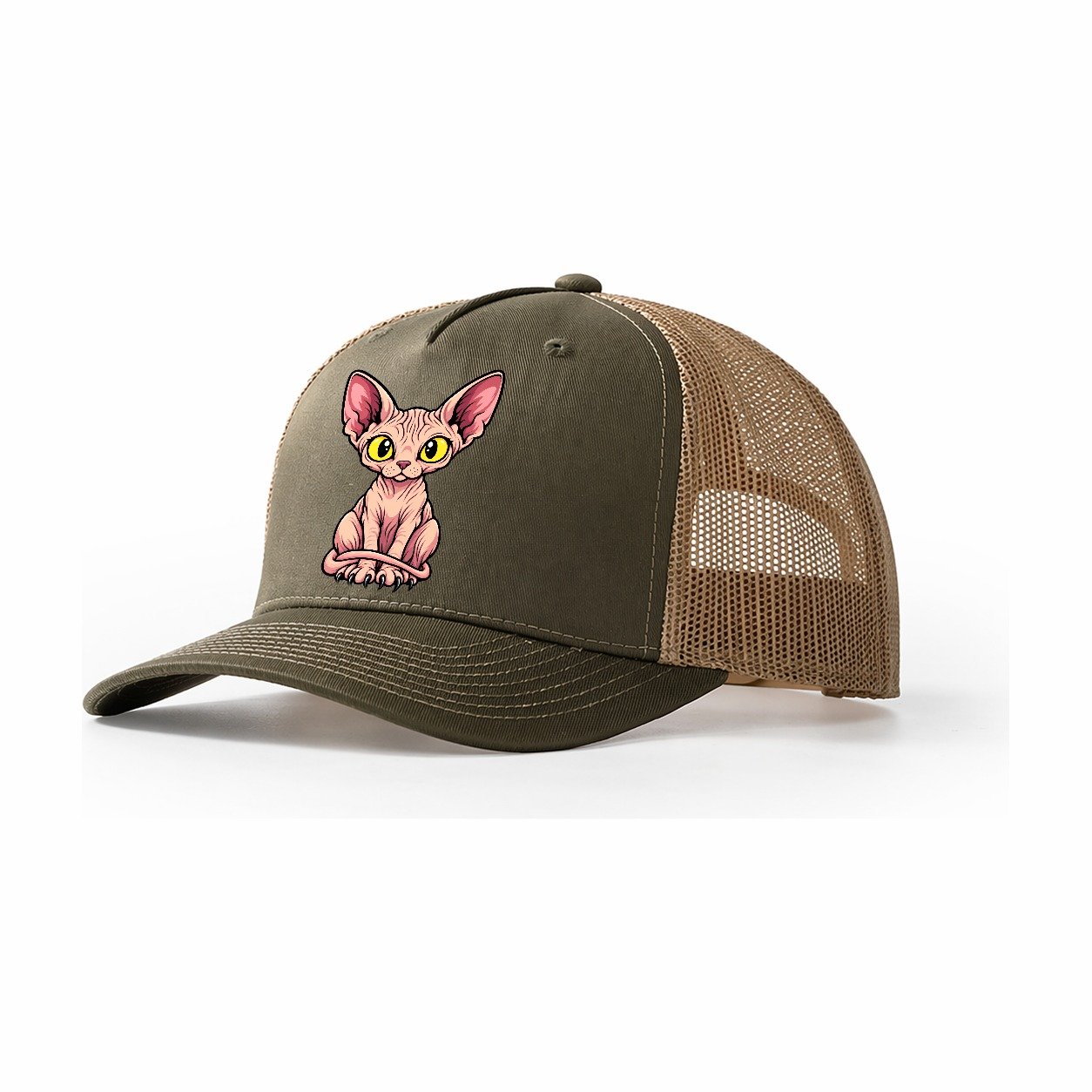 Sphynx Sitting Wrapped Peeking Cats Trucker Hat – Olive Khaki