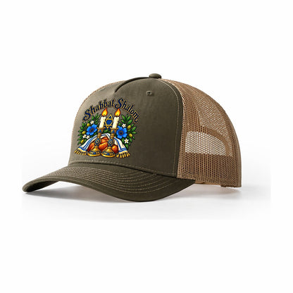 Shabbat Shalom Candles Judaism Heritage Trucker Hat – Olive Khaki