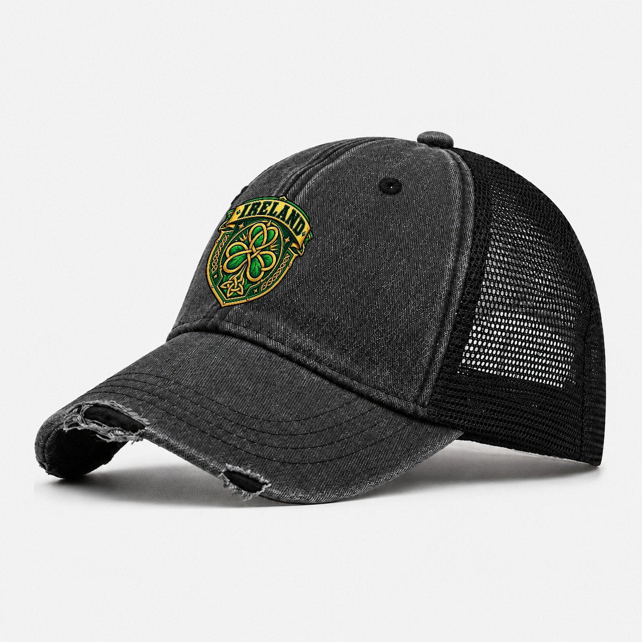 Ireland Retro Badge Country Logos Washed Trucker Hat – Black