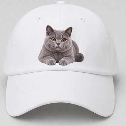 British Shorthair Reclining Paws Forward Realistic Cat Portrait Baseball Cap – White