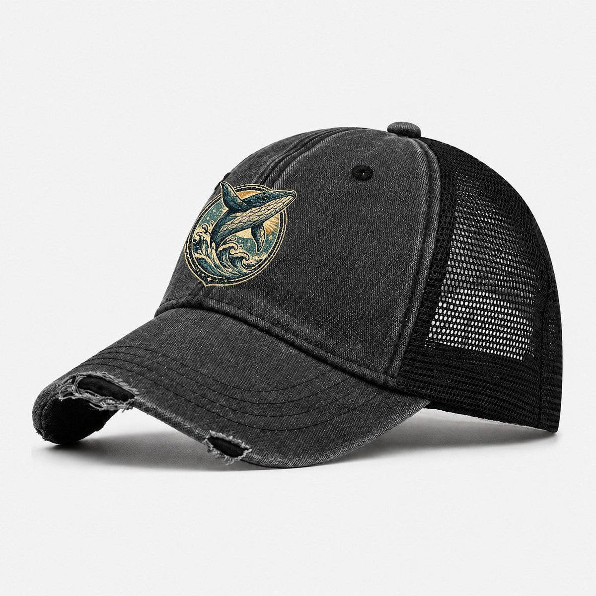 Vintage Whale Ocean Waves Washed Trucker Hat – Black