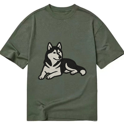 Siberian Husky Black And White Relaxed Lying Down With Head Classic T-shirt – Army Green