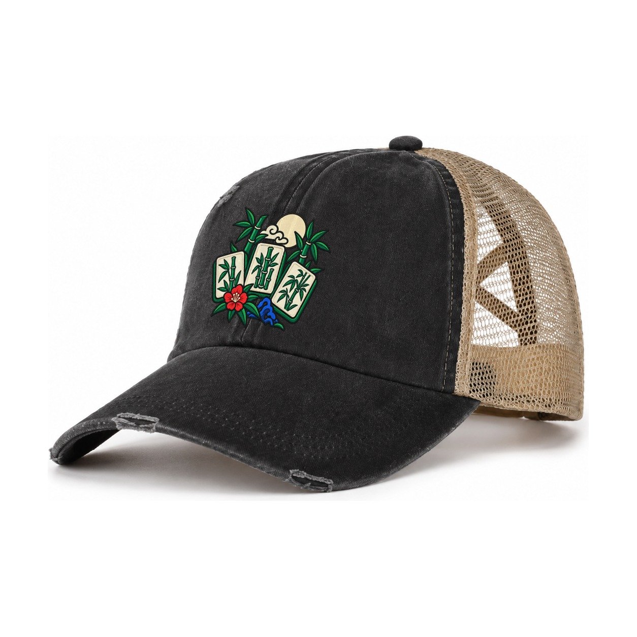 Bamboo Garden Mahjong Game Night Women's Ponytail Trucker Hat – Washed Black Khaki