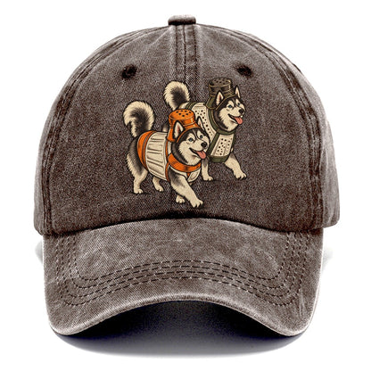 2 Huskys In Halloween Costumes Hdp 17 Parade Lineup Halloween Dog Parade Classic Cap – Brown