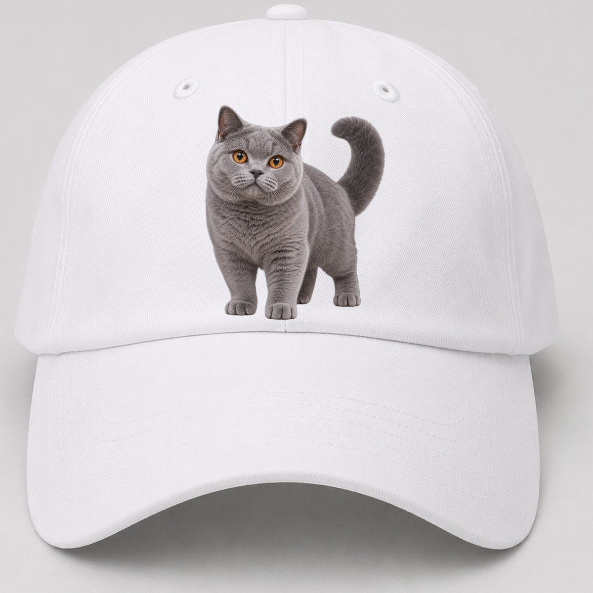 British Shorthair Standing Three Quarter Realistic Cat Portrait Baseball Cap – White