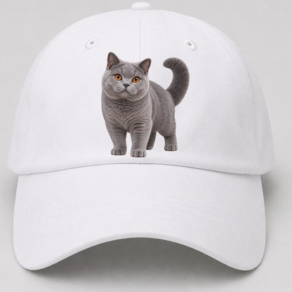 British Shorthair Standing Three Quarter Realistic Cat Portrait Baseball Cap – White